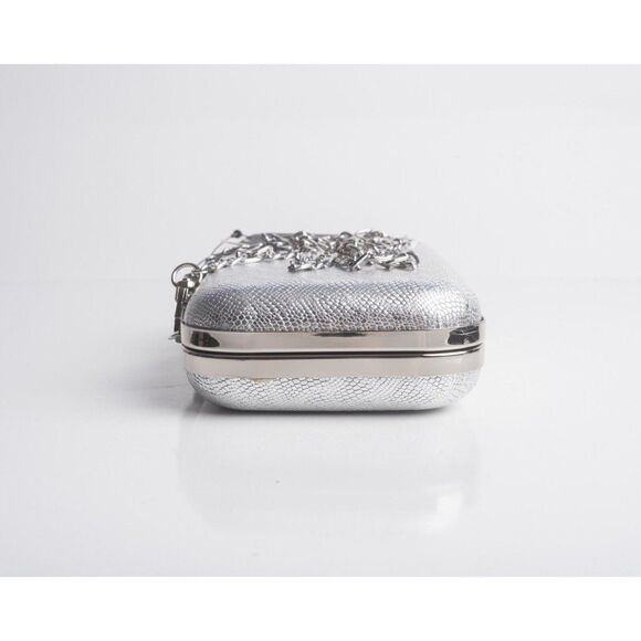 Chiara Boni Women Sliver Sparkle 40 Bianco Chain Leather Gloria Clutch Purse Box - Picture 6 of 8